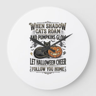 Grande Horloge Ronde Chemise de chat noir Halloween Gravure de citrouil
