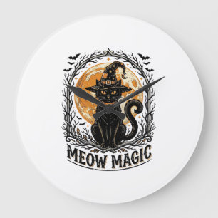 Grande Horloge Ronde Chemise de chat sorcière Design de lune Halloween