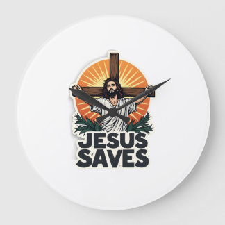 Grande Horloge Ronde Chemise de foi avec gravure vintage Jésus Sauve (1