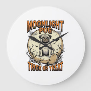 Grande Horloge Ronde Chemise de Halloween pour Pug avec Lune de gravure