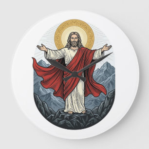 Grande Horloge Ronde Chemise de montagne Jésus gravure vintage