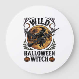 Grande Horloge Ronde Chemise de sorcière Halloween Balai vintage Graphi