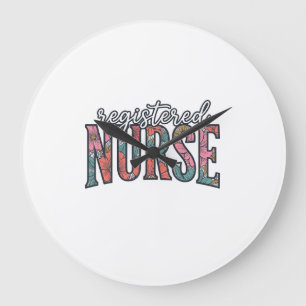Grande Horloge Ronde Chemise de typographie florale vintage d'infirmièr