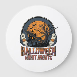 Grande Horloge Ronde Chemise fantôme lune gravée scène Halloween vintag