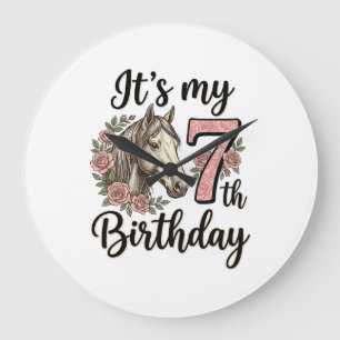 Grande Horloge Ronde Chemise Fille 7ème Anniversaire Cheval Floral Vint