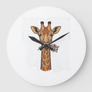 Grande Horloge Ronde Chemise Girafe Gravée Vintage Avec Fleurs_1