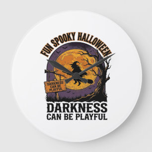 Grande Horloge Ronde Chemise Halloween Darkness Design Lune Sorcière Vi