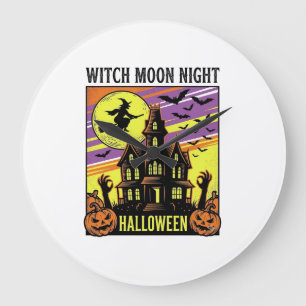 Grande Horloge Ronde Chemise Halloween Sorcière Maison Hantée Nuit_