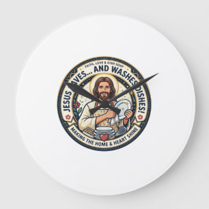 Grande Horloge Ronde Chemise Humoristique Corvées de Lessive Jésus Grap