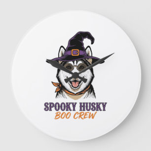 Grande Horloge Ronde Chemise Husky Halloween Sorcière Chien Graphique V