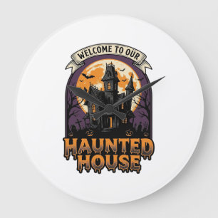 Grande Horloge Ronde Chemise Maison Hantée Vintage Halloween Bienvenue 