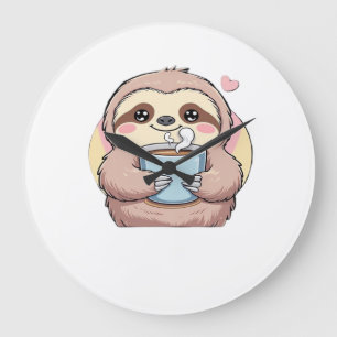 Grande Horloge Ronde Chemise Mignonne Amoureux de Café Paresseux � Drôl