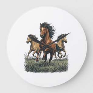 Grande Horloge Ronde Chemise vectorielle occidentale de chevaux sauvage