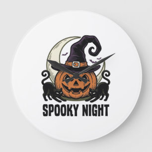 Grande Horloge Ronde Chemise vintage Halloween Citrouille Chat Chapeau