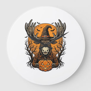 Grande Horloge Ronde Chemise vintage Halloween Moose Pumpkin Sorcière C