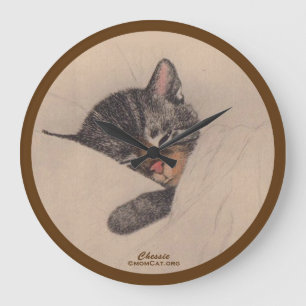Grande Horloge Ronde Chessie l'horloge murale du chaton dormant (sépia