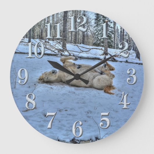 Grande Horloge Ronde Cheval blanc rouler dans la neige hivernale (Recto)