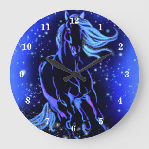 Grande Horloge Ronde Cheval bleu néon courant à la nuit étoilée au clai