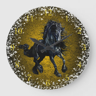 Grande Horloge Ronde Cheval friésien, beauté noire, neige, granit d'or