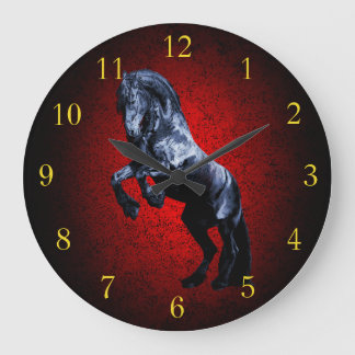 Grande Horloge Ronde Cheval friésien, étalon noir beauté granit rouge
