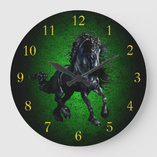 Grande Horloge Ronde Cheval frison/granit noir de vert de beauté