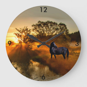 Grande Horloge Ronde Cheval noir au lever de soleil ou au coucher du