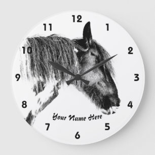 Grande Horloge Ronde Cheval noir et blanc