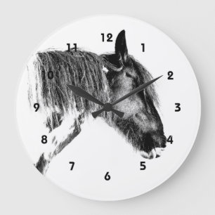 Grande Horloge Ronde Cheval noir et blanc