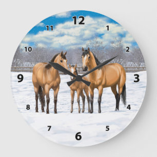 Grande Horloge Ronde Chevaux En Peau De Bouche En Neige