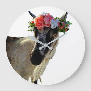 Grande Horloge Ronde Chèvre avec couronne de fleurs, animal avec couron