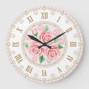 Grande Horloge Ronde Chic Démodé Fleurs Roses Roses Perles Dorées Franç