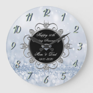 Grande Horloge Ronde Chic Diamonds Blue Bokeh 50th Wedding Anniversary