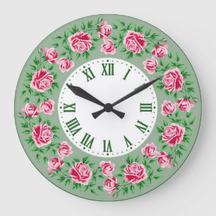 Grande Horloge Ronde Chic Français Vintage Vert Rouge Roses