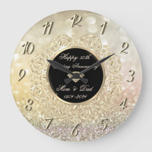 Grande Horloge Ronde Chic Gold Bokeh 50e anniversaire de Mariage
