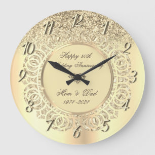 Grande Horloge Ronde Chic Gold Glitter Tourbillons 50 Anniversaire de
