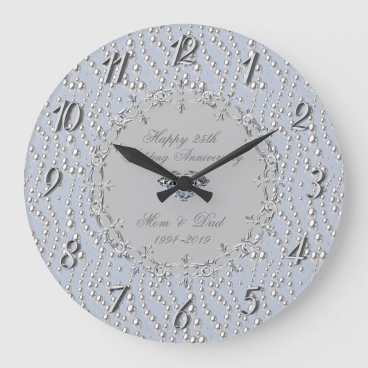 Grande Horloge Ronde Chic Perles d'Argent 25e Anniversaire de Mariage (Recto)