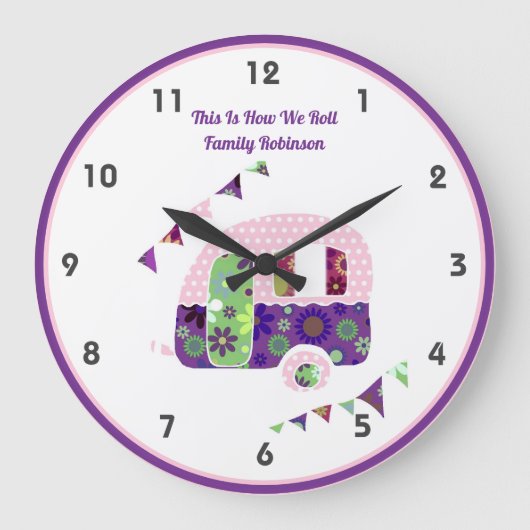 Grande Horloge Ronde Chic rétro Campervan violet rose hippy Shabby (Recto)