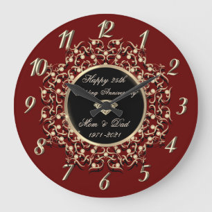 Grande Horloge Ronde Chic Swirls Red 50 Wedding Anniversary