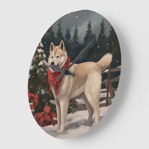 Grande Horloge Ronde Chien Akita dans la neige de Noël