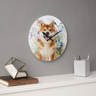 Grande Horloge Ronde Chien Akita Shiba Inu avec des fleurs aquarelles b