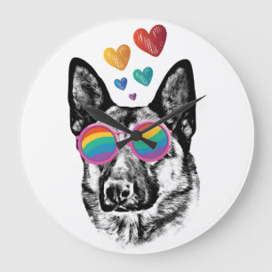 Grande Horloge Ronde Chien berger allemand avec coeur Saint-Valentin
