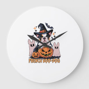 Grande Horloge Ronde Chien Boo Français Mignon Frenchie Halloween Fantô