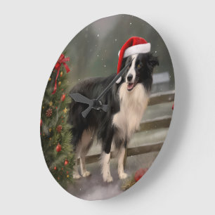 Grande Horloge Ronde Chien Border Collie dans la neige de Noël