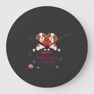 Grande Horloge Ronde Chien Cavalier King Saint-Valentin Floral Heureux