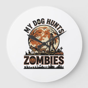 Grande Horloge Ronde Chien chasse les zombies Conception de vecteur Hal