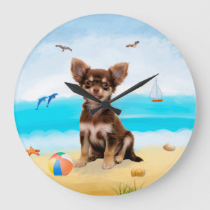 Grande Horloge Ronde Chien Chihuahua sur la plage