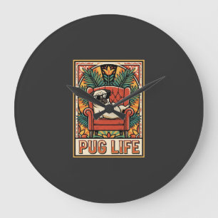 Grande Horloge Ronde Chien d'art populaire rétro Pug Life