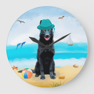 Grande Horloge Ronde Chien de berger allemand noir sur la plage