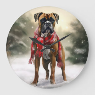 Grande Horloge Ronde Chien de boxe en Noël de neige