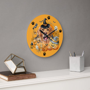 Grande Horloge Ronde Chien de la saison effrayante Citrouille Golden Re